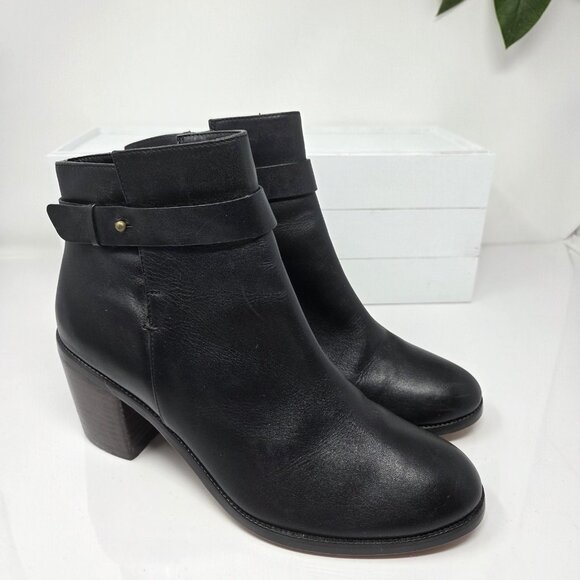 Halogen Womens 8.5 Boots Leather Black Ankle Booties Block Heel Strap Almond Toe - Picture 5 of 10